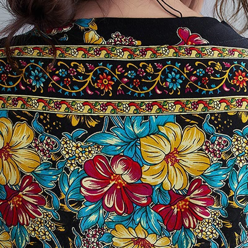 Buddha Stones Lässiges, lockeres Midikleid aus Polyester mit Blumenmuster, V-Ausschnitt, halblangen Ärmeln und Taschen