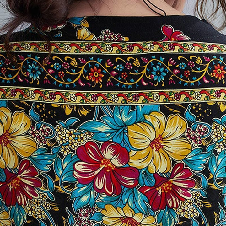 Buddha Stones Lässiges, lockeres Midikleid aus Polyester mit Blumenmuster, V-Ausschnitt, halblangen Ärmeln und Taschen
