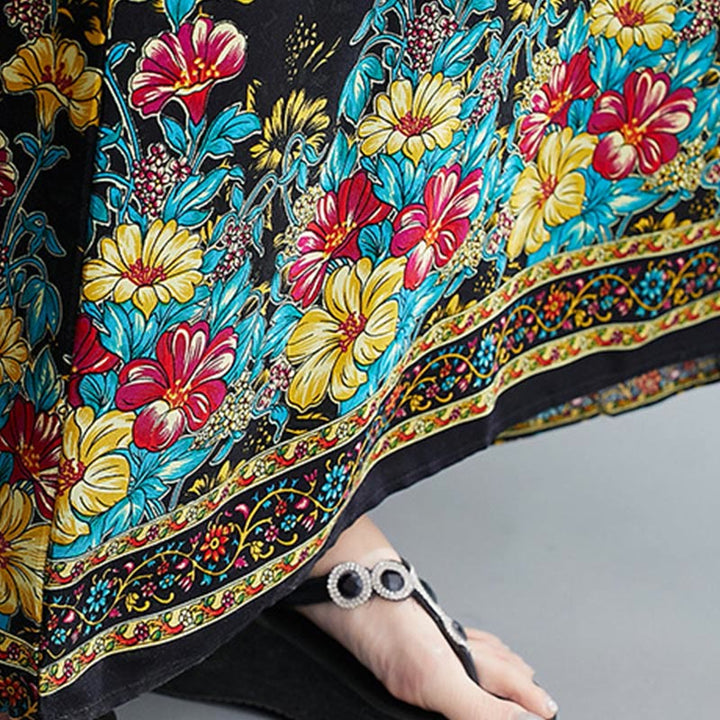 Buddha Stones Lässiges, lockeres Midikleid aus Polyester mit Blumenmuster, V-Ausschnitt, halblangen Ärmeln und Taschen
