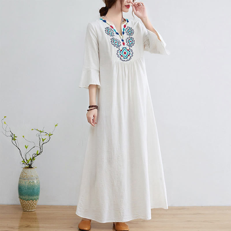 Buddha Stones – Lässiges Midikleid aus Baumwolle und Leinen mit besticktem Blumenmuster, V-Ausschnitt und Dreiviertelärmeln - Schnee - US8-10， UK/AU12-14，EU40-42 (2XL) - image 1