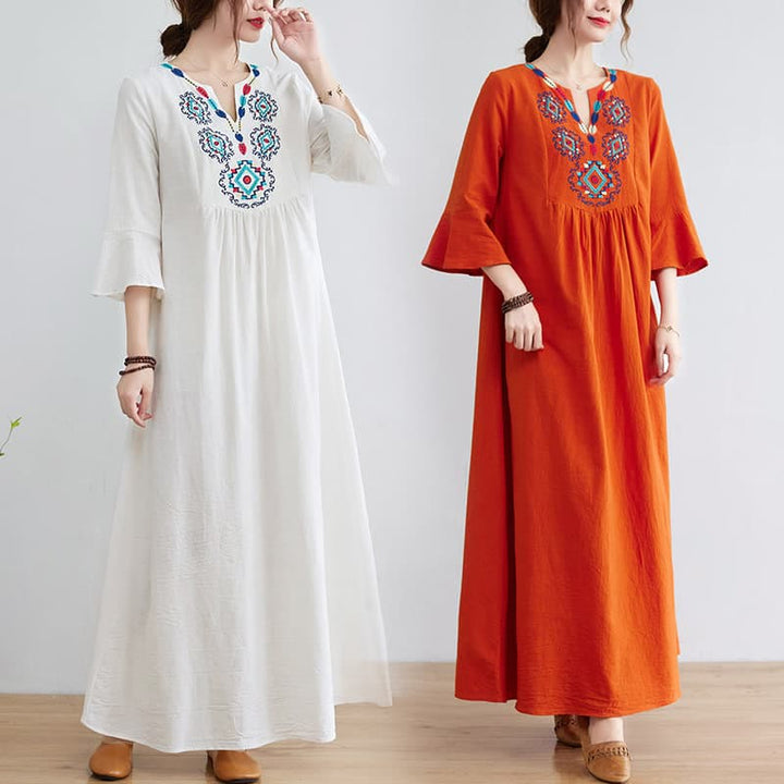 Buddha Stones – Lässiges Midikleid aus Baumwolle und Leinen mit besticktem Blumenmuster, V-Ausschnitt und Dreiviertelärmeln - image 0