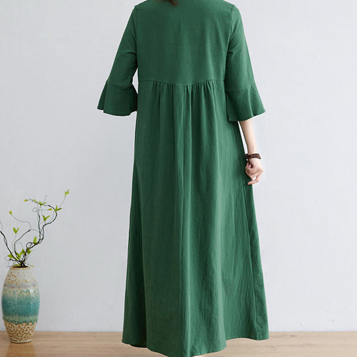 Buddha Stones – Lässiges Midikleid aus Baumwolle und Leinen mit besticktem Blumenmuster, V-Ausschnitt und Dreiviertelärmeln - image 15