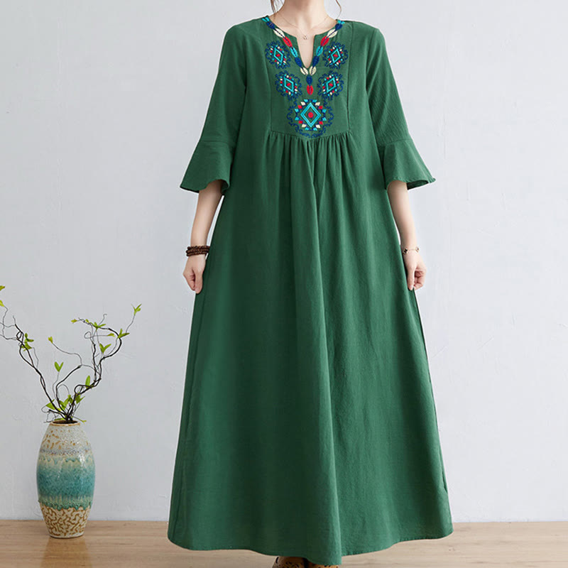 Buddha Stones – Lässiges Midikleid aus Baumwolle und Leinen mit besticktem Blumenmuster, V-Ausschnitt und Dreiviertelärmeln - Grün - US 8-10, UK/AU 12-14, EU 40-42 (2XL) - image 14