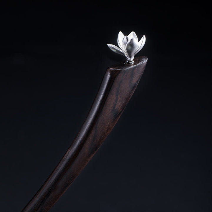 Buddha Stones 925 Sterling Silber Klassische Ebenholz Magnolia Blume Segen Haarnadel