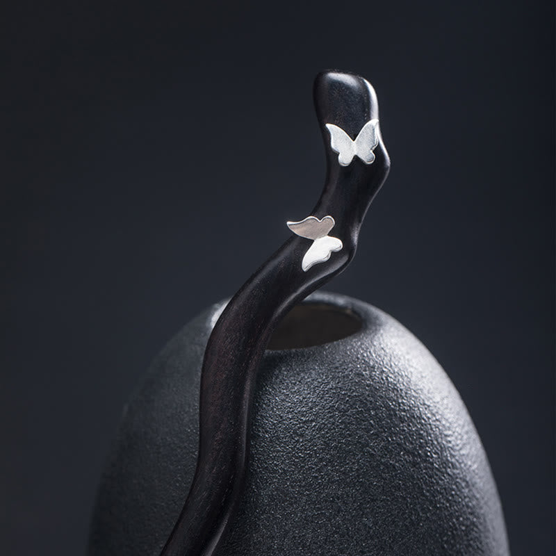 Buddha Stones 925 Sterling Silber Klassische chinesische Stil Ebenholz Schmetterling Relax Haarnadel - Schmetterlings-Haarnadel aus Ebenholz - image 0