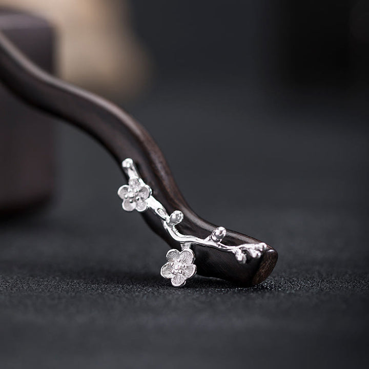 Buddha Stones 925 Sterling Silber Klassische chinesische Stil Ebenholz Pflaumenblüte Segen Haarnadel