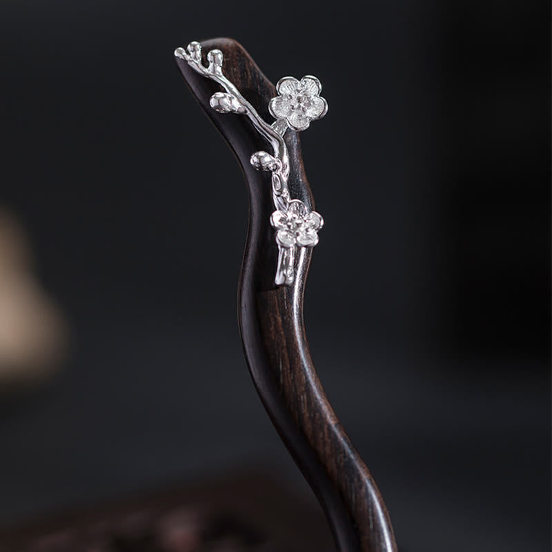 Buddha Stones 925 Sterling Silber Klassische chinesische Stil Ebenholz Pflaumenblüte Segen Haarnadel