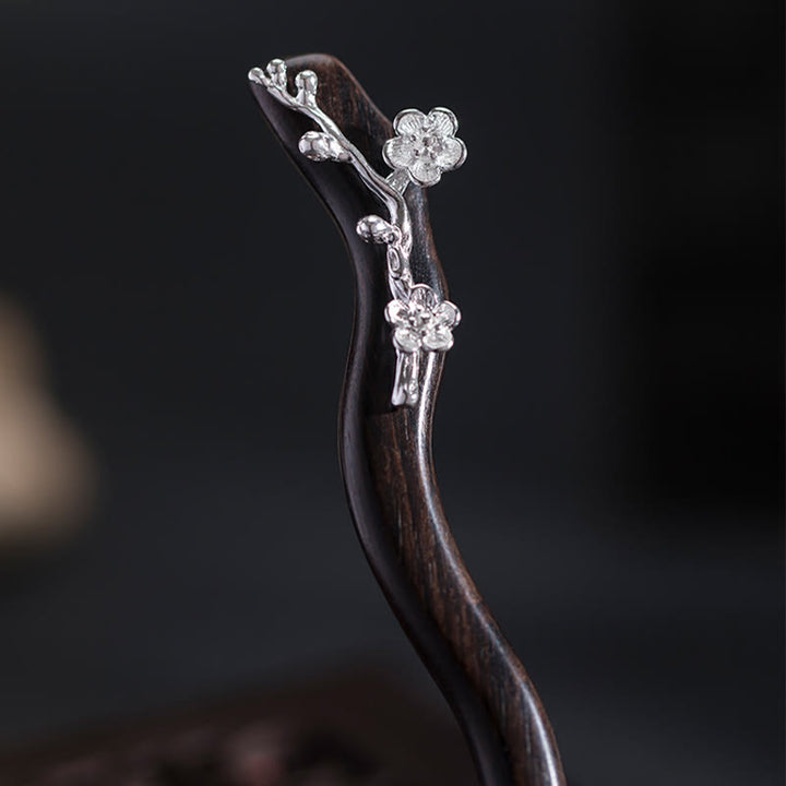 Buddha Stones 925 Sterling Silber Klassische chinesische Stil Ebenholz Pflaumenblüte Segen Haarnadel