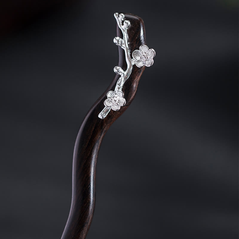Buddha Stones 925 Sterling Silber Klassische chinesische Stil Ebenholz Pflaumenblüte Segen Haarnadel