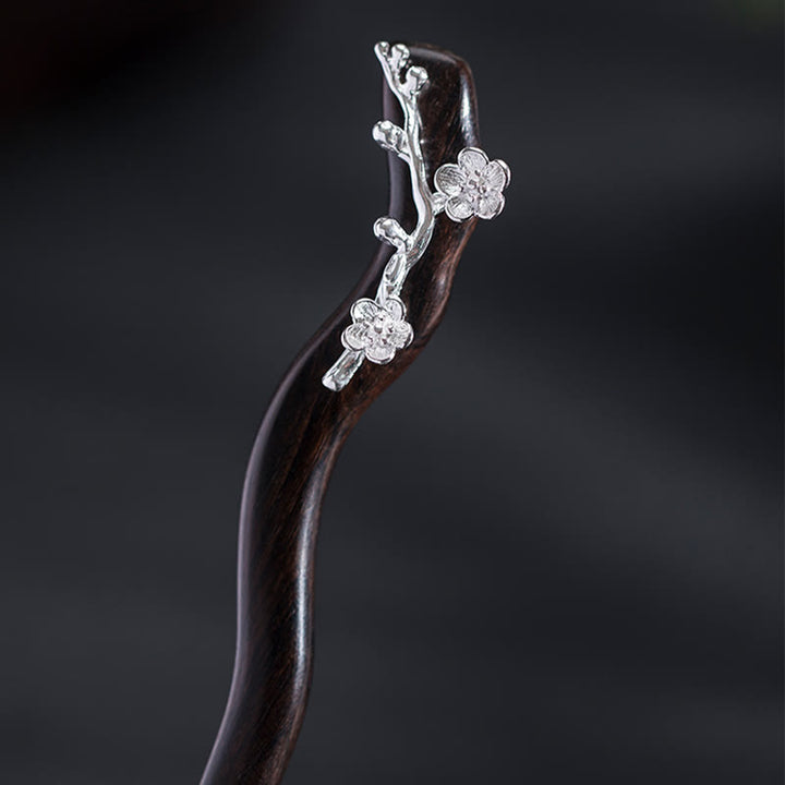 Buddha Stones 925 Sterling Silber Klassische chinesische Stil Ebenholz Pflaumenblüte Segen Haarnadel