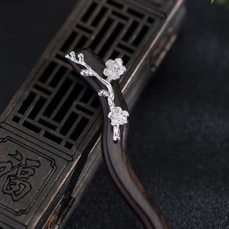 Buddha Stones 925 Sterling Silber Klassische chinesische Stil Ebenholz Pflaumenblüte Segen Haarnadel