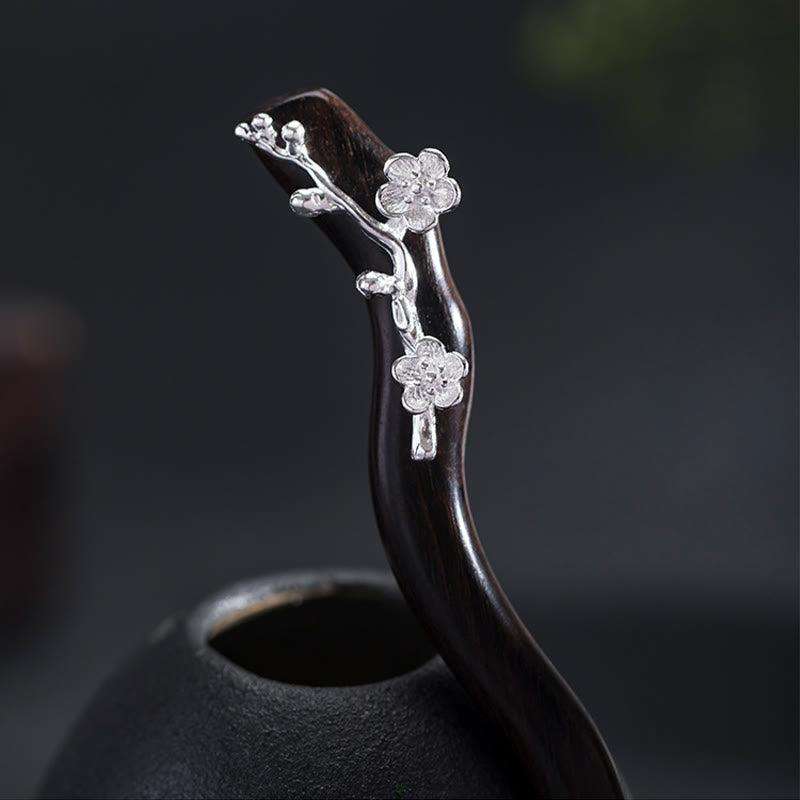 Buddha Stones 925 Sterling Silber Klassische chinesische Stil Ebenholz Pflaumenblüte Segen Haarnadel