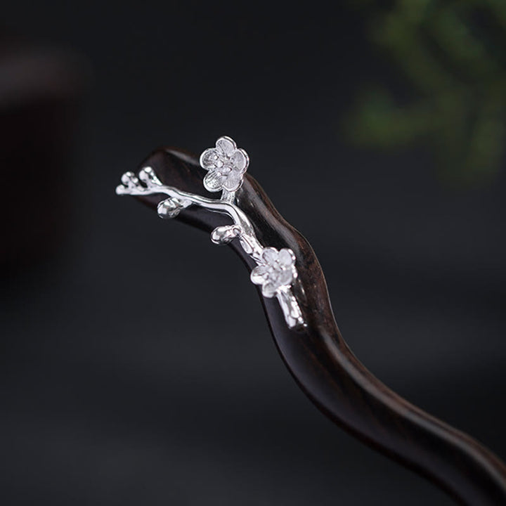 Buddha Stones 925 Sterling Silber Klassische chinesische Stil Ebenholz Pflaumenblüte Segen Haarnadel
