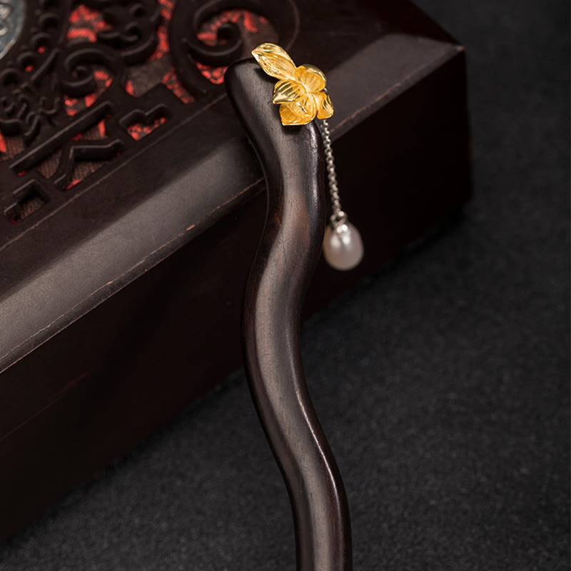 Buddha Stones 925 Sterling Silber Klassische chinesische Ebenholz Lotusblüte Perlenquaste Segen Haarnadel