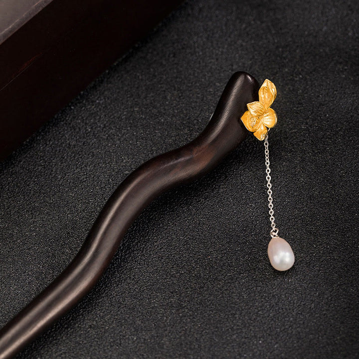 Buddha Stones 925 Sterling Silber Klassische chinesische Ebenholz Lotusblüte Perlenquaste Segen Haarnadel