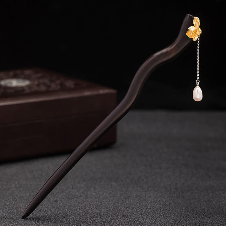 Buddha Stones 925 Sterling Silber Klassische chinesische Ebenholz Lotusblüte Perlenquaste Segen Haarnadel - image 2