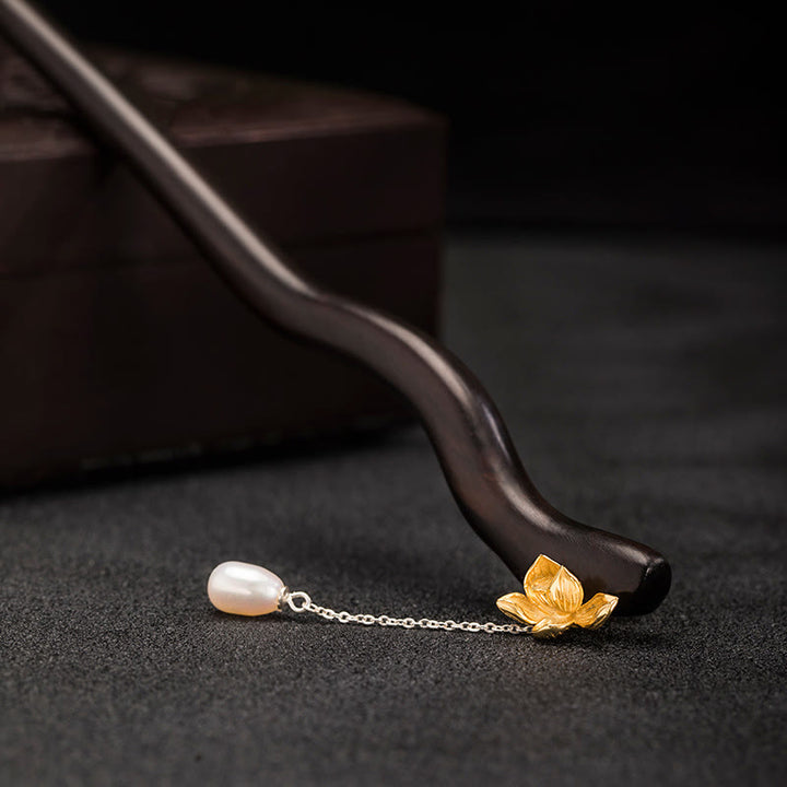 Buddha Stones 925 Sterling Silber Klassische chinesische Ebenholz Lotusblüte Perlenquaste Segen Haarnadel - image 9