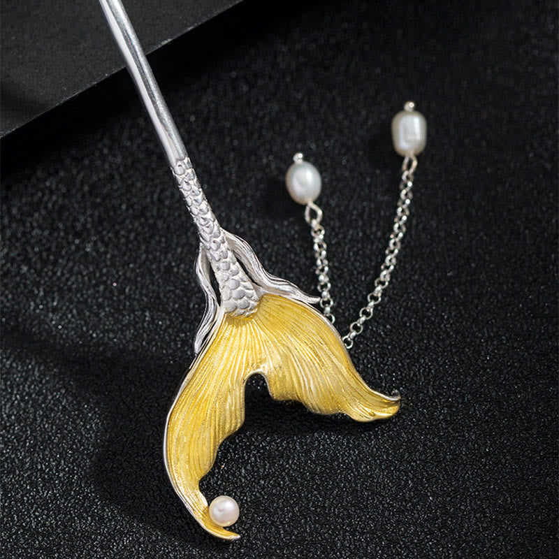 Buddha Stones 925 Sterling Silber Klassische chinesische Haarnadel mit Fischschwanz-Perlenquaste