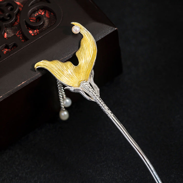 Buddha Stones 925 Sterling Silber Klassische chinesische Haarnadel mit Fischschwanz-Perlenquaste - image 7