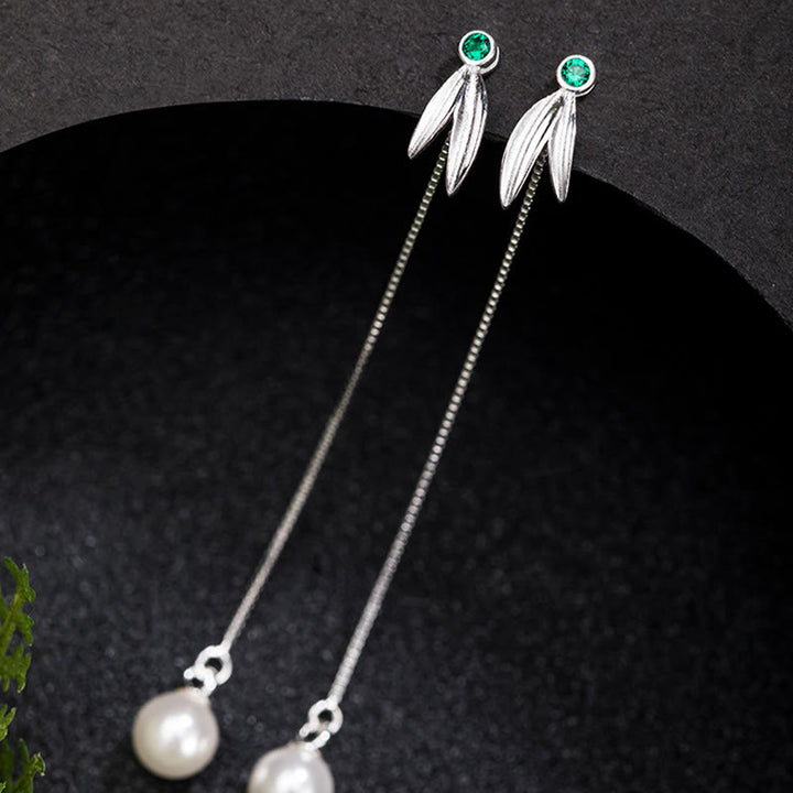 Buddha Stones 925 Sterling Silber Zirkon Perle Bambus Blätter Schutz Tropfen Ohrringe - image 1