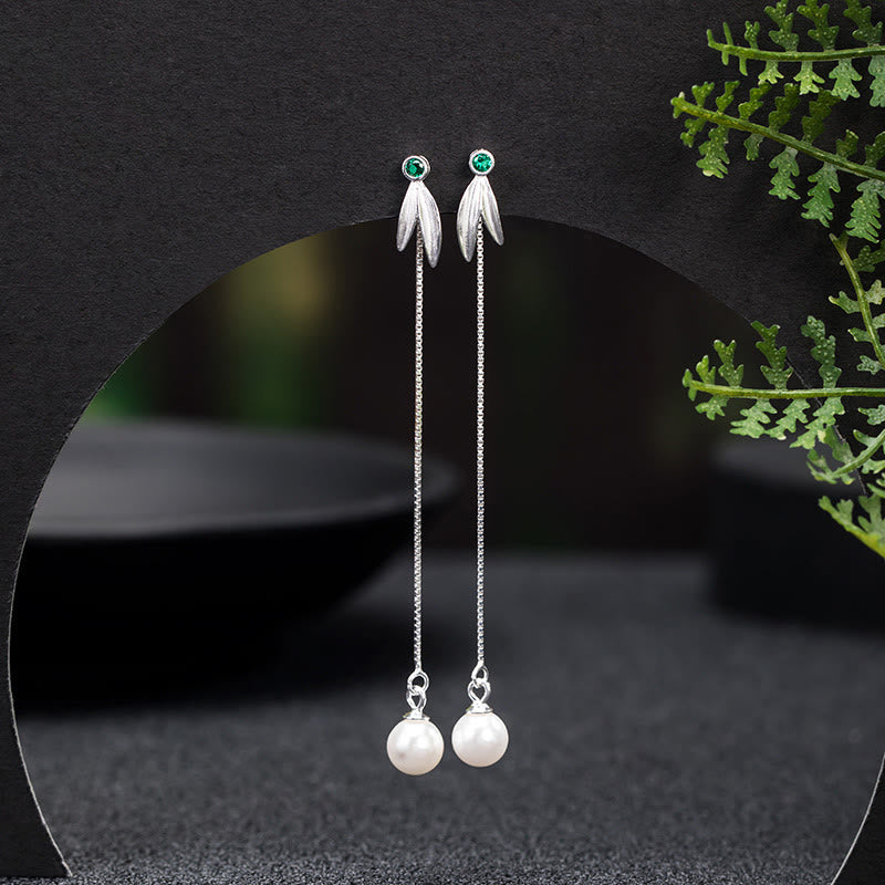Buddha Stones 925 Sterling Silber Zirkon Perle Bambus Blätter Schutz Tropfen Ohrringe - Ohrringe aus Bambusblättern - image 0