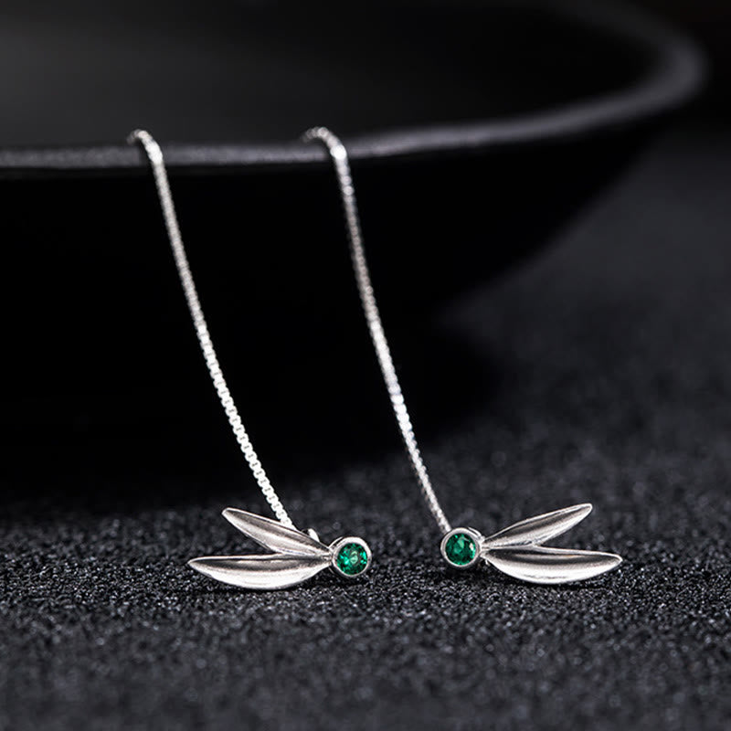 Buddha Stones 925 Sterling Silber Zirkon Perle Bambus Blätter Schutz Tropfen Ohrringe - image 4