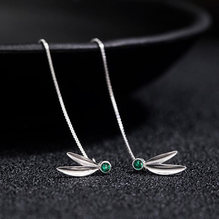 Buddha Stones 925 Sterling Silber Zirkon Perle Bambus Blätter Schutz Tropfen Ohrringe - image 4