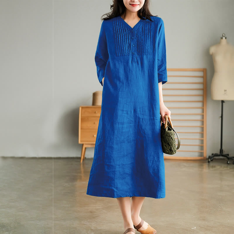 Buddha Stones – Lässiges, schlichtes Midikleid mit Akkordeonfalten, V-Ausschnitt und halblangen Ärmeln und Taschen - DodgerBlue - US12， UK/AU16，EU44 (3XL) - image 4