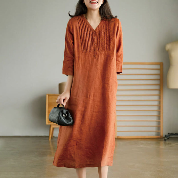 Buddha Stones – Lässiges, schlichtes Midikleid mit Akkordeonfalten, V-Ausschnitt und halblangen Ärmeln und Taschen - Koralle - US12， UK/AU16，EU44 (3XL) - image 6