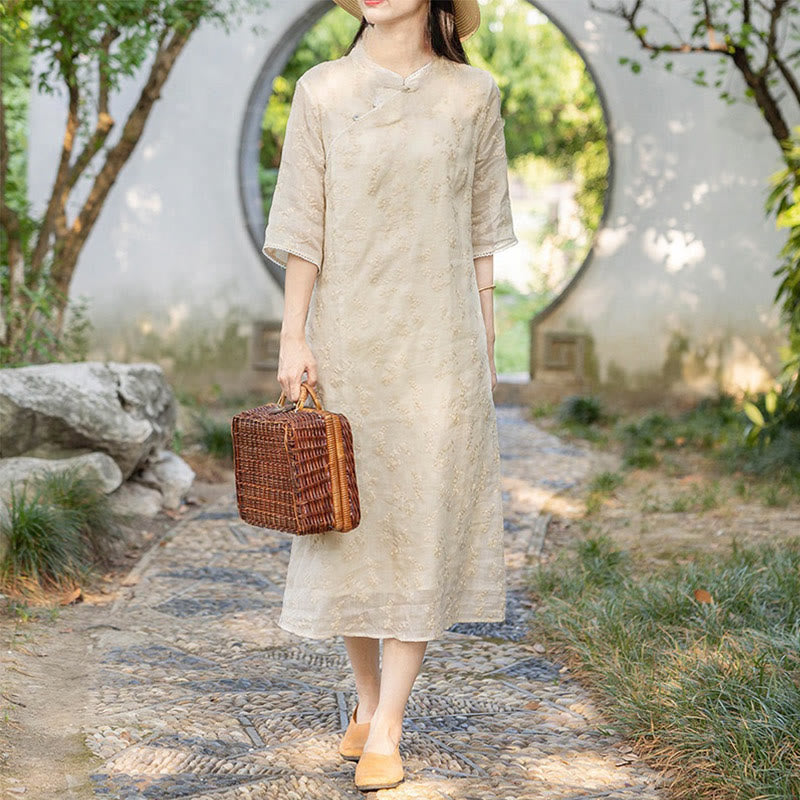 Buddha Stones – Lässiges Ramie-Midikleid mit besticktem Schrägkragen, Stehkragen, halblangen Ärmeln und Taschen - Alte Spitze - US8-10， UK/AU12-14，EU40-42 (2XL) - image 0