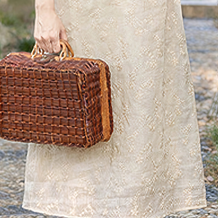 Buddha Stones – Lässiges Ramie-Midikleid mit besticktem Schrägkragen, Stehkragen, halblangen Ärmeln und Taschen - image 5