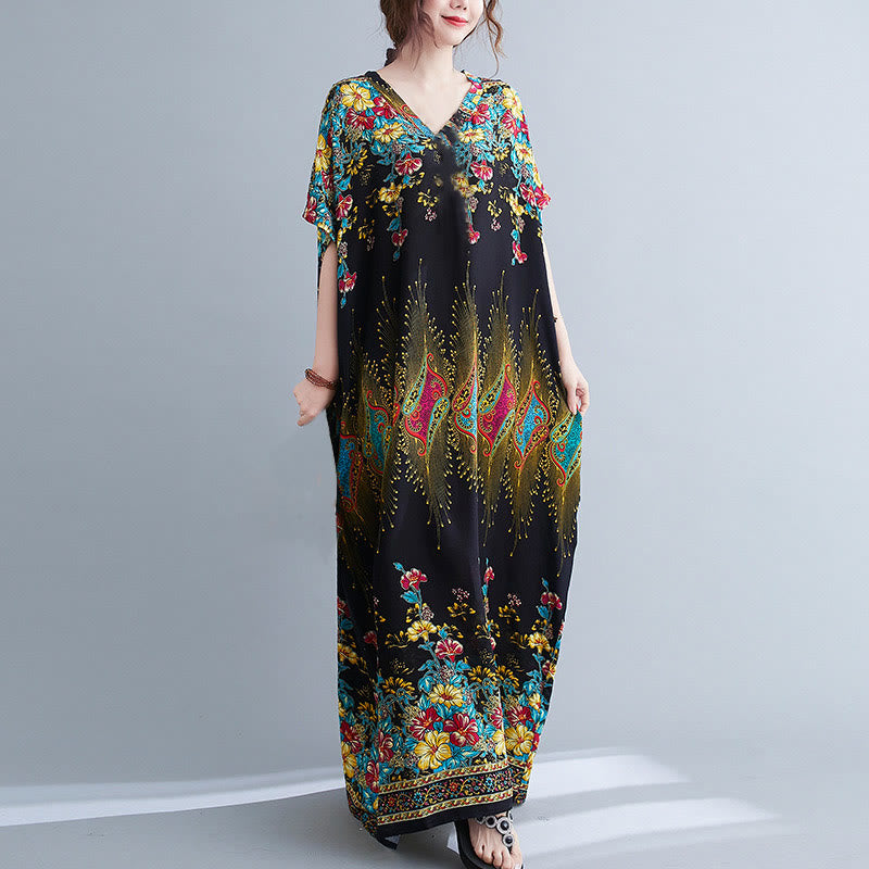Buddha Stones Lässiges, lockeres Midikleid aus Polyester mit Blumenmuster, V-Ausschnitt, halblangen Ärmeln und Taschen