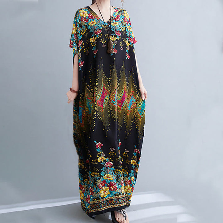 Buddha Stones Lässiges, lockeres Midikleid aus Polyester mit Blumenmuster, V-Ausschnitt, halblangen Ärmeln und Taschen