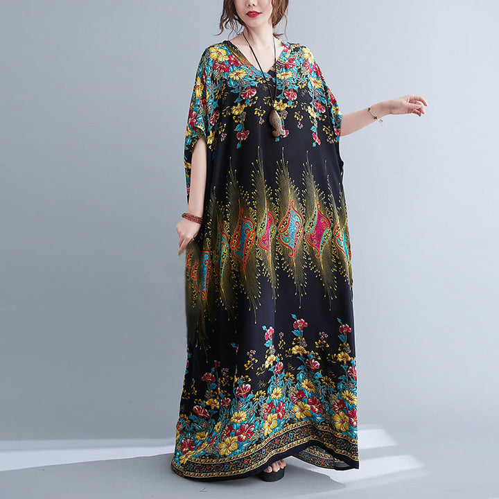 Buddha Stones Lässiges, lockeres Midikleid aus Polyester mit Blumenmuster, V-Ausschnitt, halblangen Ärmeln und Taschen