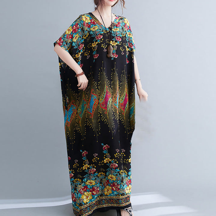 Buddha Stones Lässiges, lockeres Midikleid aus Polyester mit Blumenmuster, V-Ausschnitt, halblangen Ärmeln und Taschen