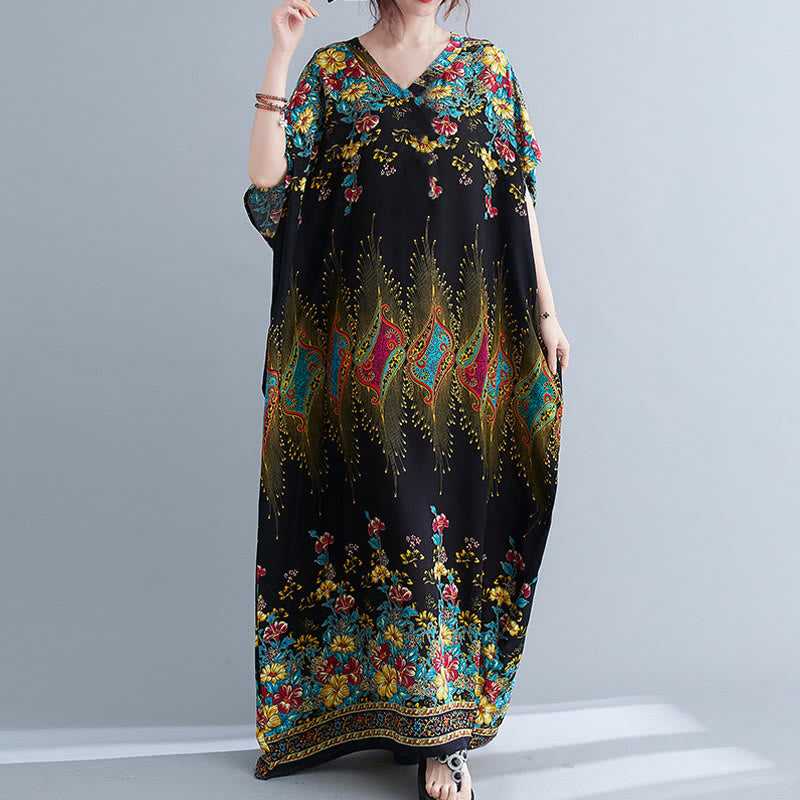 Buddha Stones Lässiges, lockeres Midikleid aus Polyester mit Blumenmuster, V-Ausschnitt, halblangen Ärmeln und Taschen