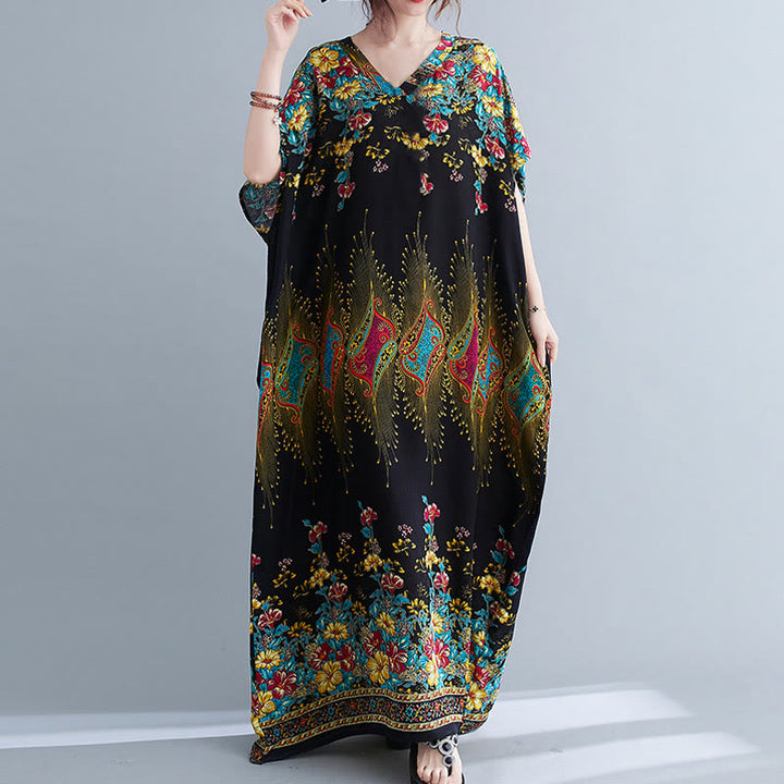 Buddha Stones Lässiges, lockeres Midikleid aus Polyester mit Blumenmuster, V-Ausschnitt, halblangen Ärmeln und Taschen
