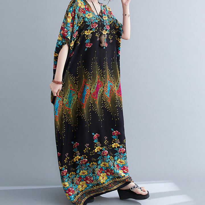 Buddha Stones Lässiges, lockeres Midikleid aus Polyester mit Blumenmuster, V-Ausschnitt, halblangen Ärmeln und Taschen