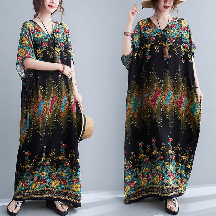 Buddha Stones Lässiges, lockeres Midikleid aus Polyester mit Blumenmuster, V-Ausschnitt, halblangen Ärmeln und Taschen