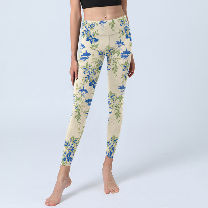 Buddha Stones Lässige dunkelblaue Blumenblätter-Druck-Gymnastik-Fitness-Leggings für Damen