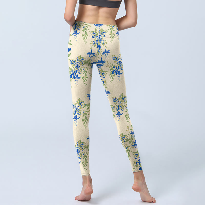 Buddha Stones Lässige dunkelblaue Blumenblätter-Druck-Gymnastik-Fitness-Leggings für Damen