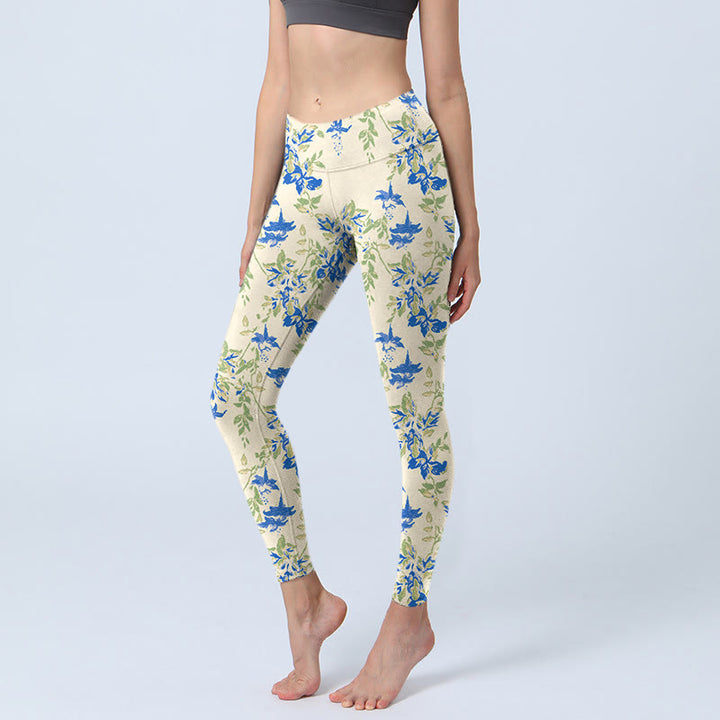 Buddha Stones Lässige dunkelblaue Blumenblätter-Druck-Gymnastik-Fitness-Leggings für Damen - Maisfäden - US18, UK/AU22, EU50 (4XL) - image 0