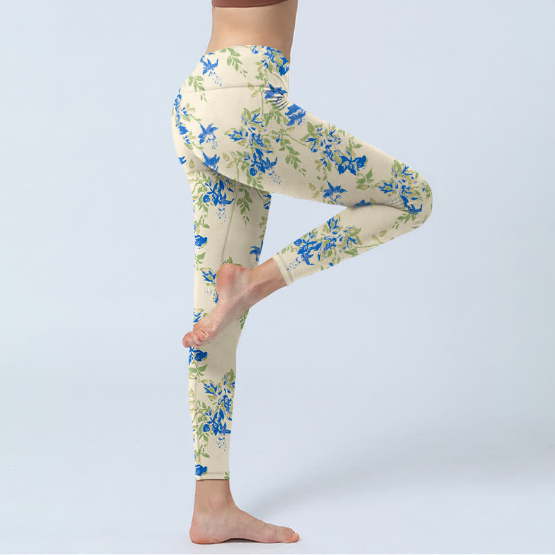 Buddha Stones Lässige dunkelblaue Blumenblätter-Druck-Gymnastik-Fitness-Leggings für Damen