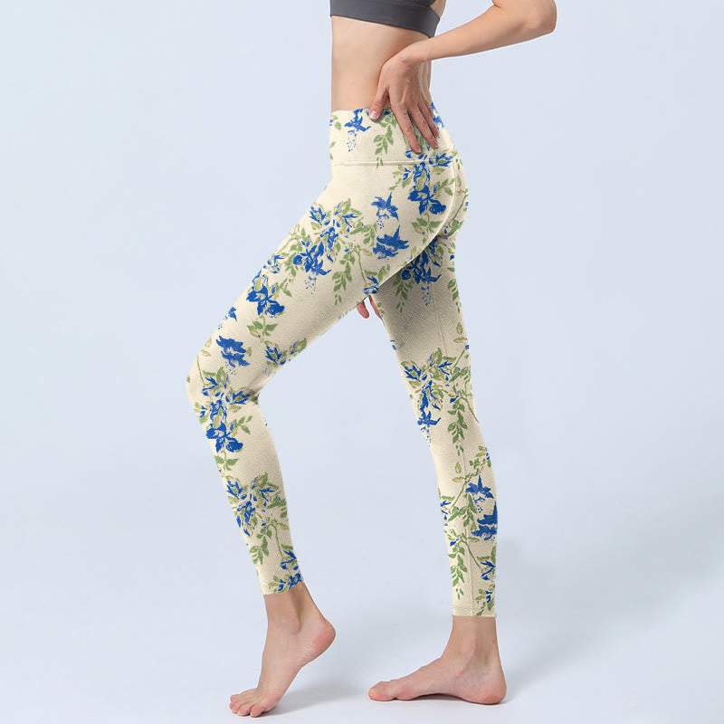 Buddha Stones Lässige dunkelblaue Blumenblätter-Druck-Gymnastik-Fitness-Leggings für Damen