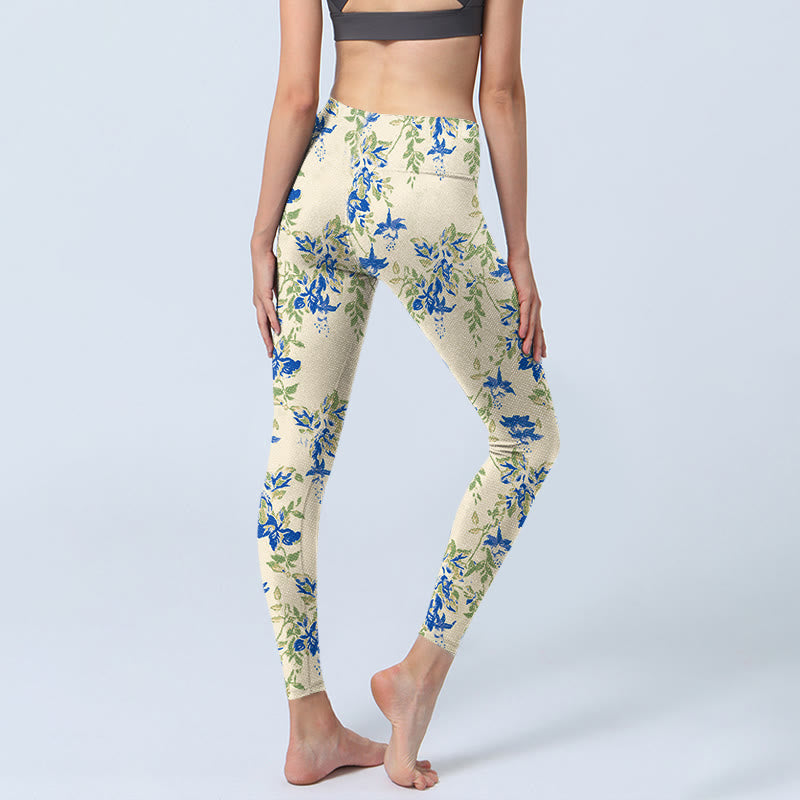 Buddha Stones Lässige dunkelblaue Blumenblätter-Druck-Gymnastik-Fitness-Leggings für Damen