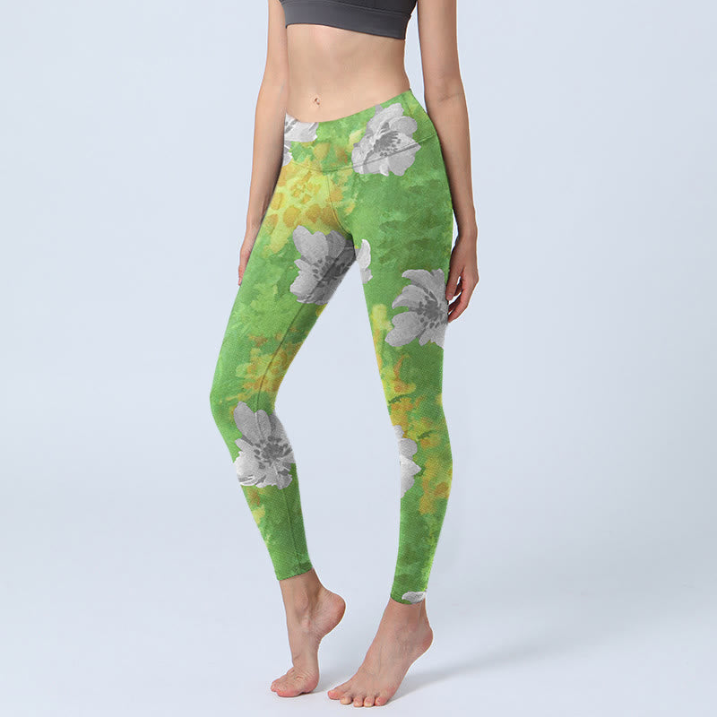 Buddha Stones Gelbgrün Grau Blumen Print Sport Fitness Leggings Damen Yogahose