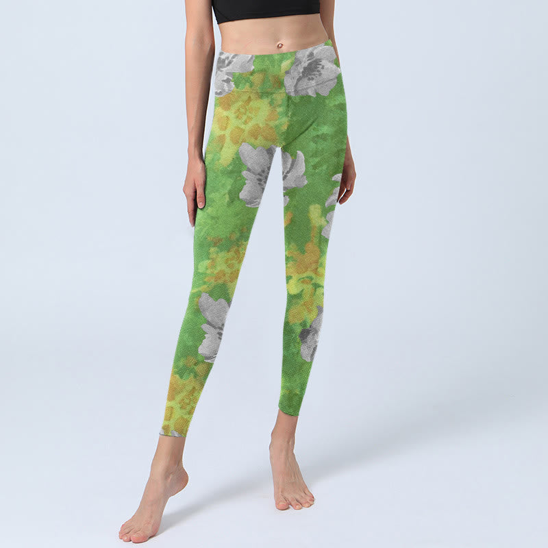 Buddha Stones Gelbgrün Grau Blumen Print Sport Fitness Leggings Damen Yogahose