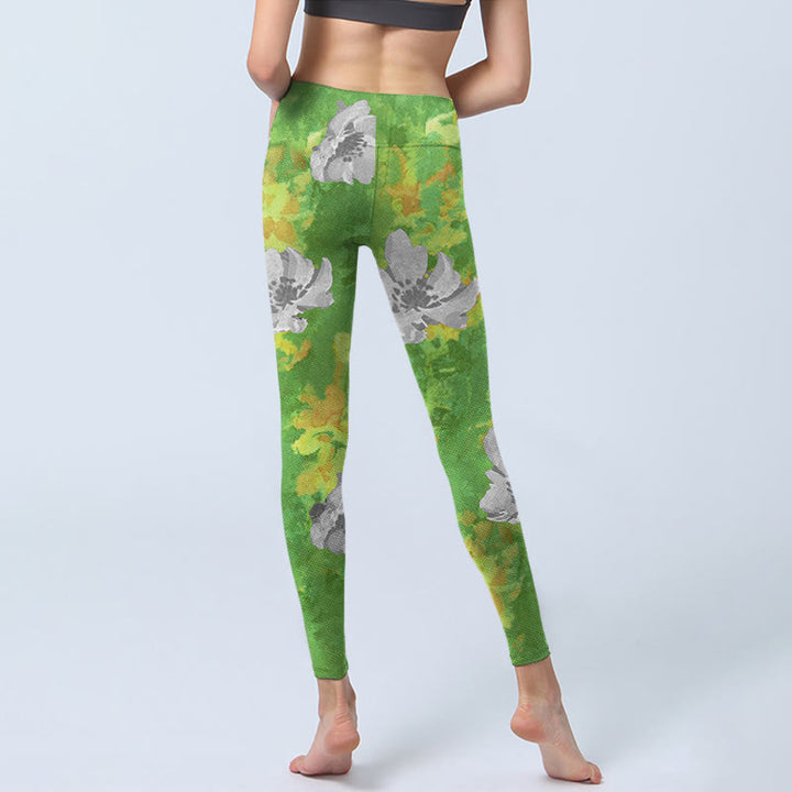 Buddha Stones Gelbgrün Grau Blumen Print Sport Fitness Leggings Damen Yogahose
