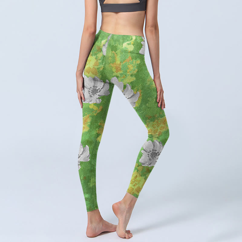 Buddha Stones Gelbgrün Grau Blumen Print Sport Fitness Leggings Damen Yogahose