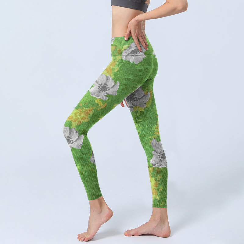 Buddha Stones Gelbgrün Grau Blumen Print Sport Fitness Leggings Damen Yogahose - image 2